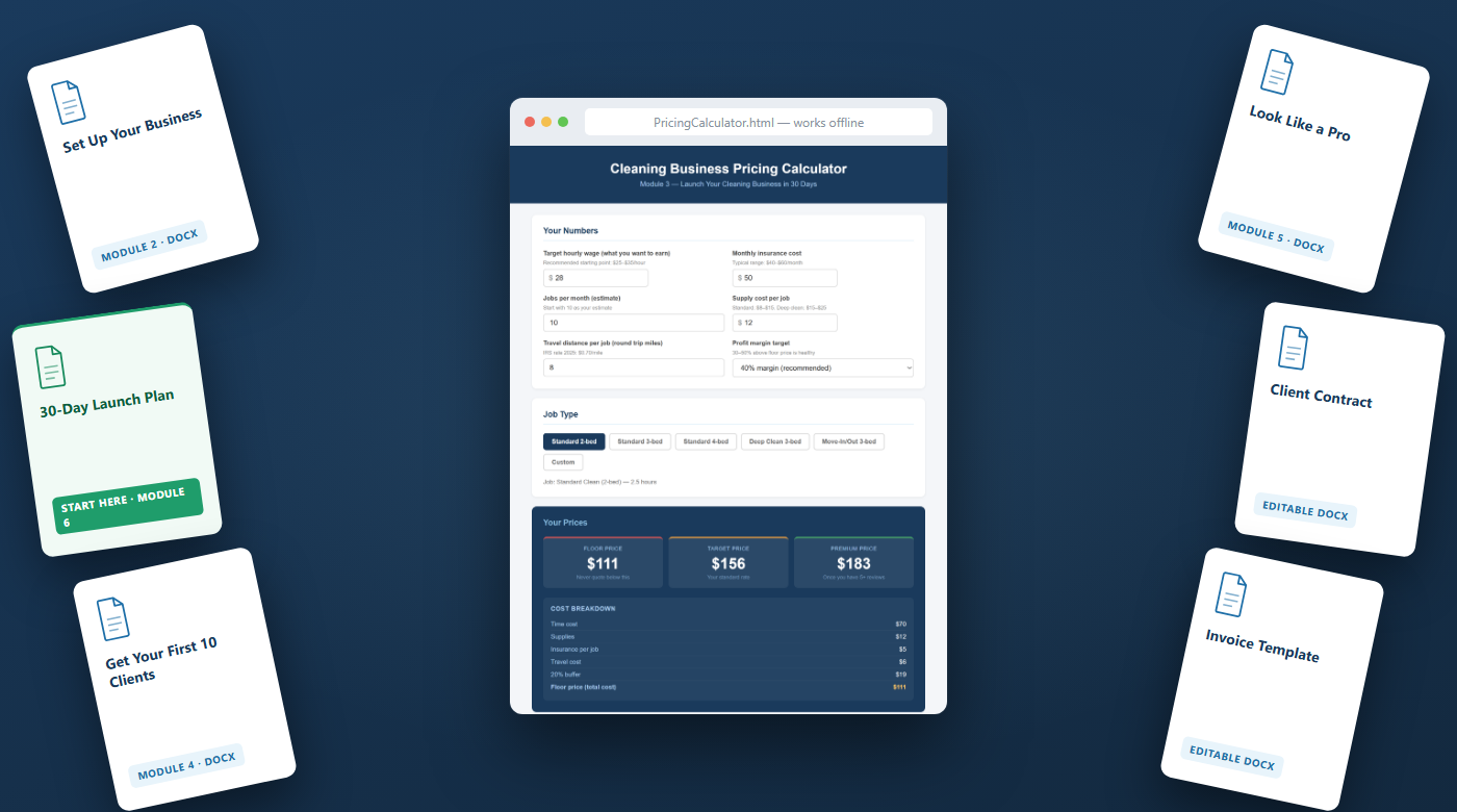 The Cleaning Business Kit: pricing calculator and document templates spread out — 30-Day Plan, Set Up Your Business, Get Your First 10 Clients, Look Like a Pro, Client Contract, and Invoice Template.